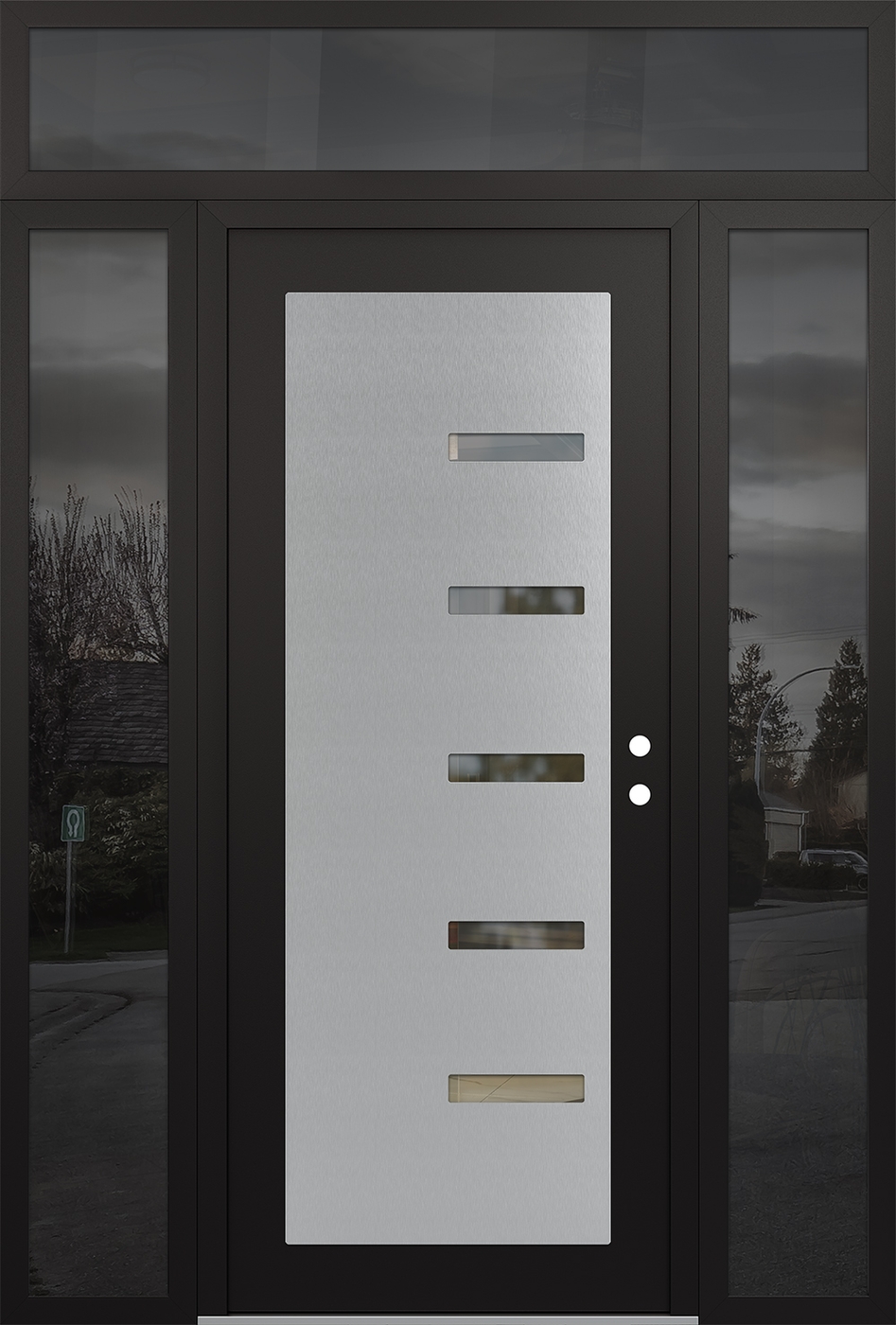 Modern Steel Front Door Diamond C8 64" x 96" black/black clear Glass Panel stainless steel LHI with 2 Sidelites and Transom mirrored Glass