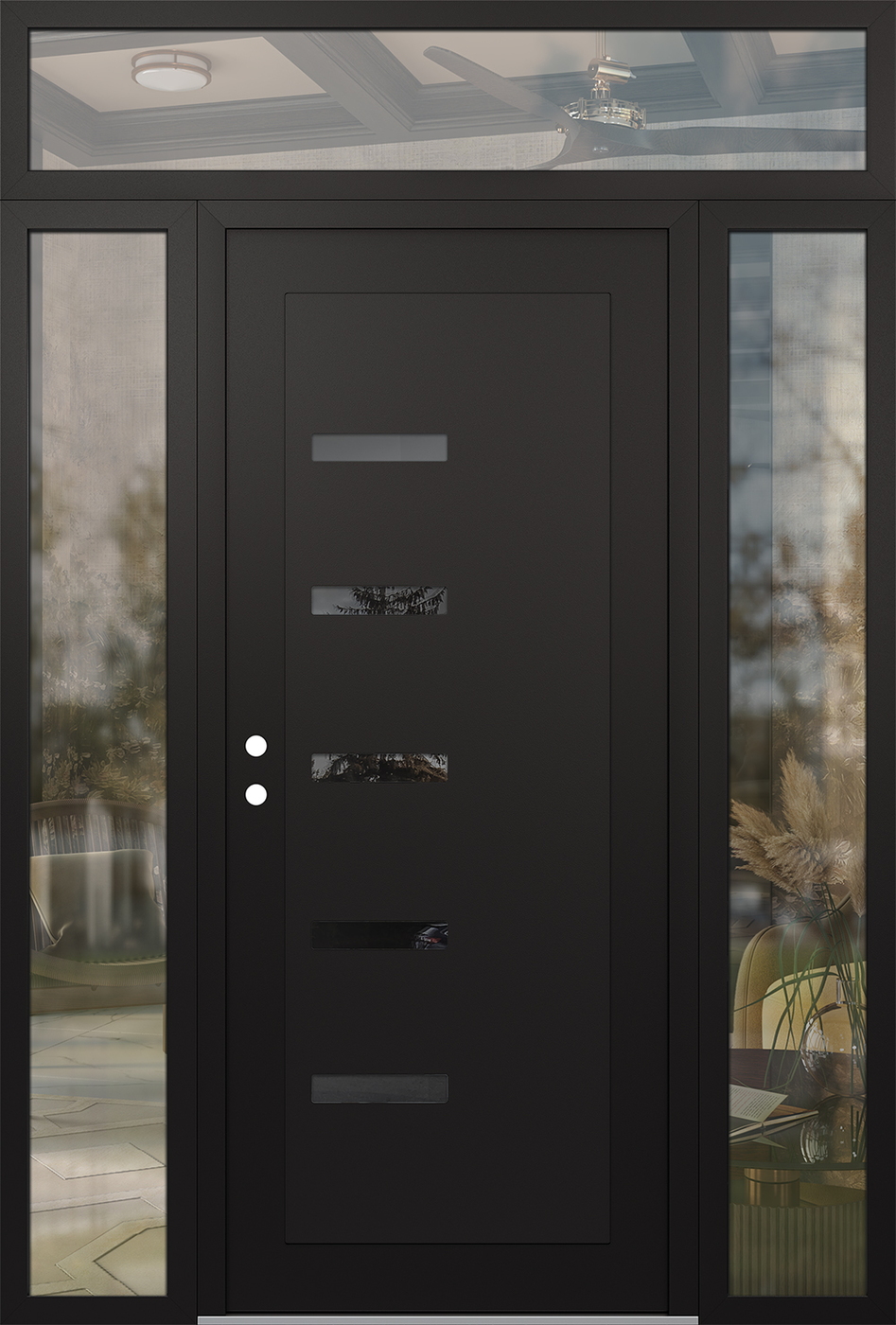 Modern Steel Front Door Diamond C8 64" x 96" black/black mirrored Glass Panel black RHI with 2 Sidelites and Transom clear Glass