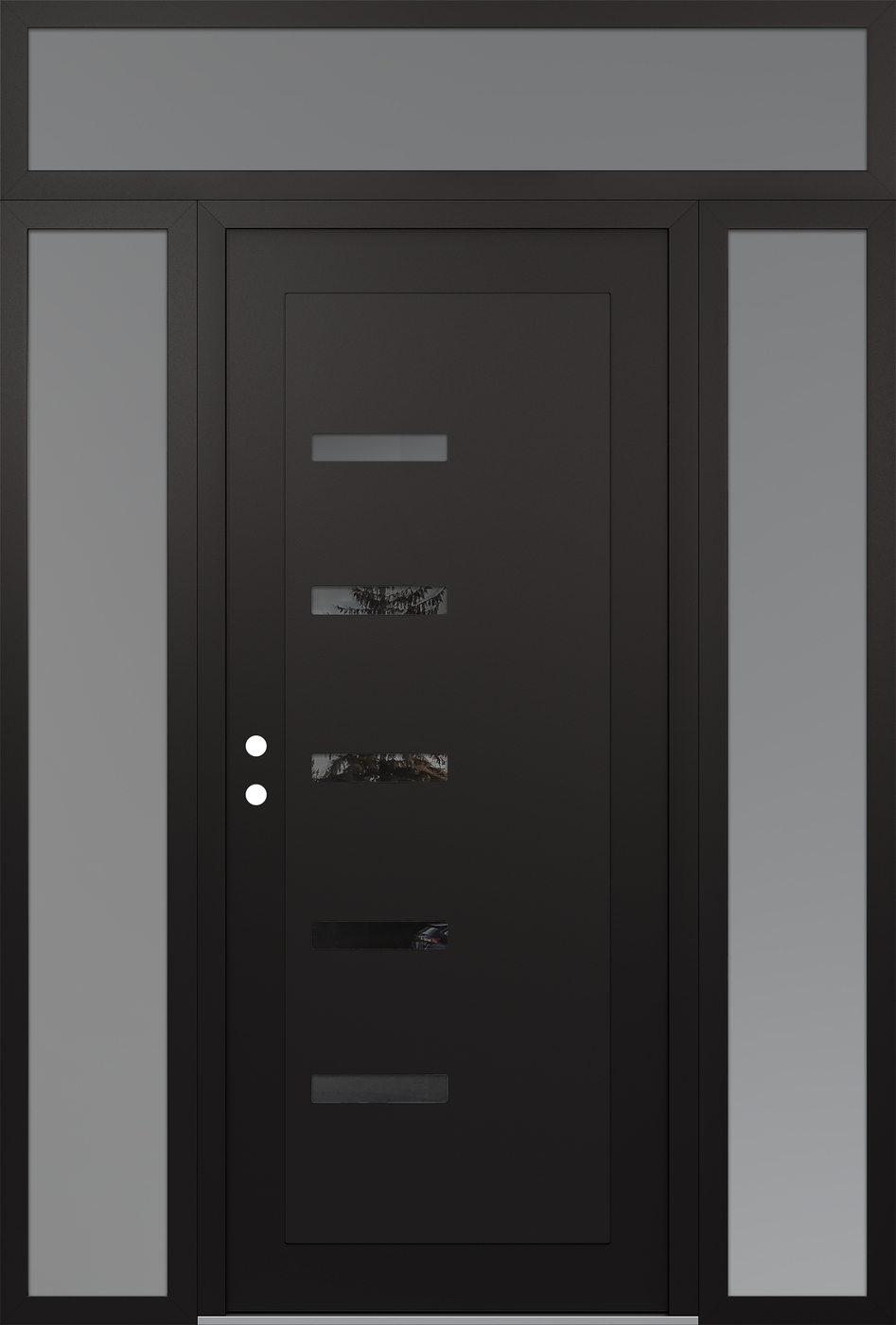 Modern Steel Front Door Diamond C8 64" x 96" black/black mirrored Glass Panel black RHI with 2 Sidelites and Transom frosted Glass