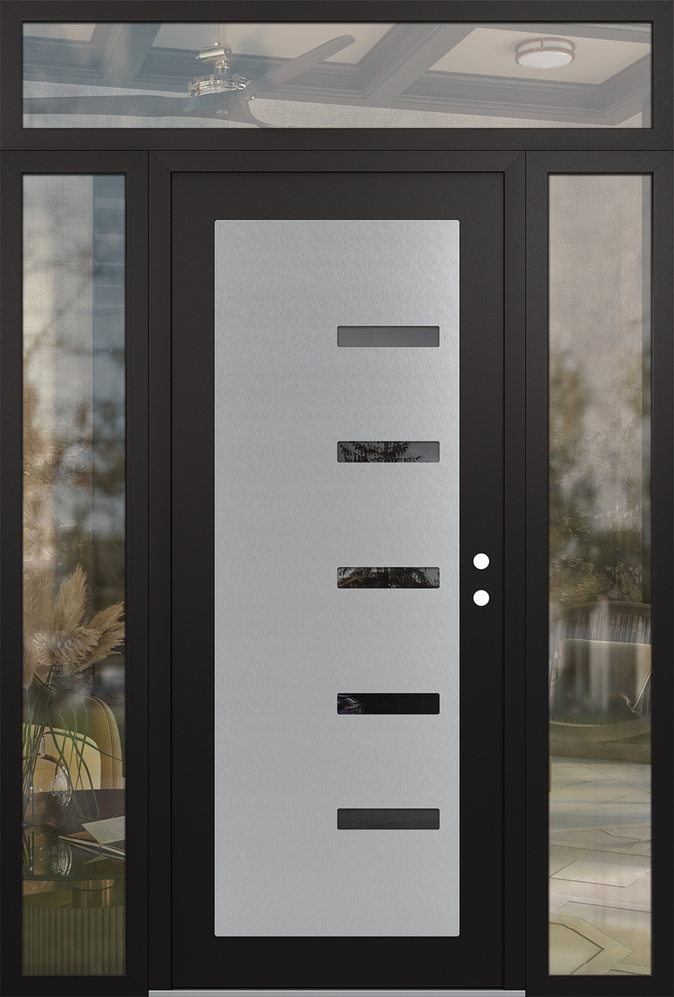 Modern Steel Front Door Diamond C8 64" x 96" black/black mirrored Glass Panel stainless steel LHI with 2 Sidelites and Transom clear Glass