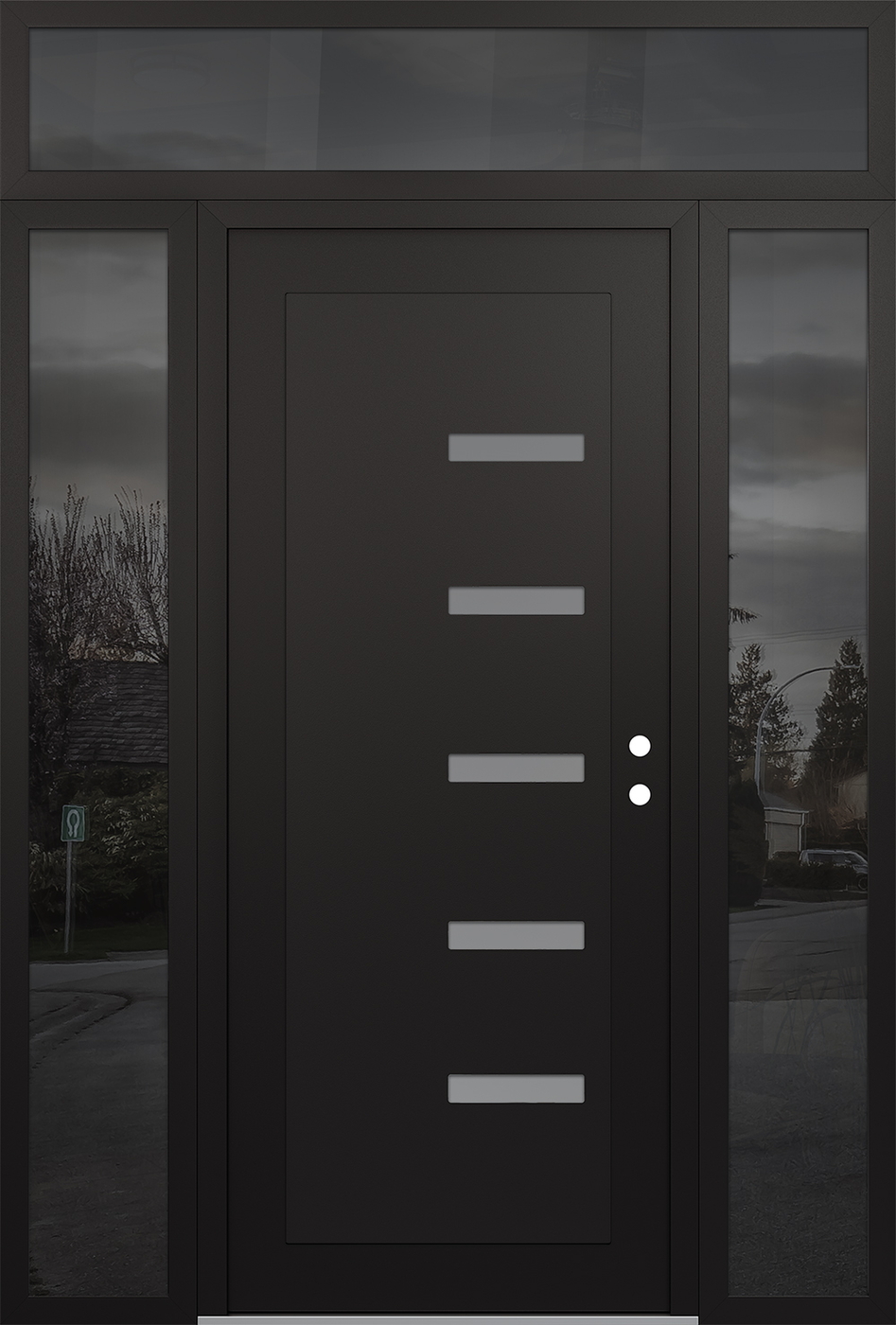 Modern Steel Front Door Diamond C8 64" x 96" black/white frosted Glass Panel black LHI with 2 Sidelites and Transom mirrored Glass
