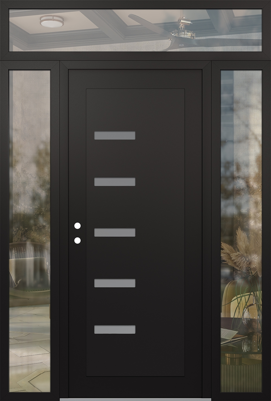 Modern Steel Front Door Diamond C8 64" x 96" black/white frosted Glass Panel black RHI with 2 Sidelites and Transom clear Glass