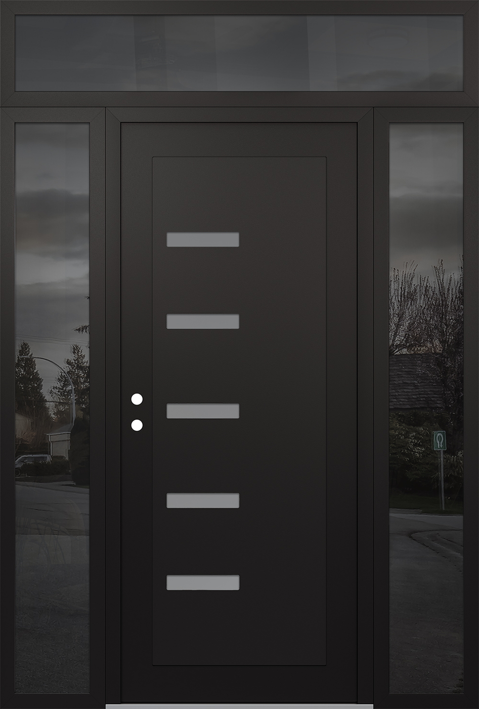 Modern Steel Front Door Diamond C8 64" x 96" black/white frosted Glass Panel black RHI with 2 Sidelites and Transom mirrored Glass