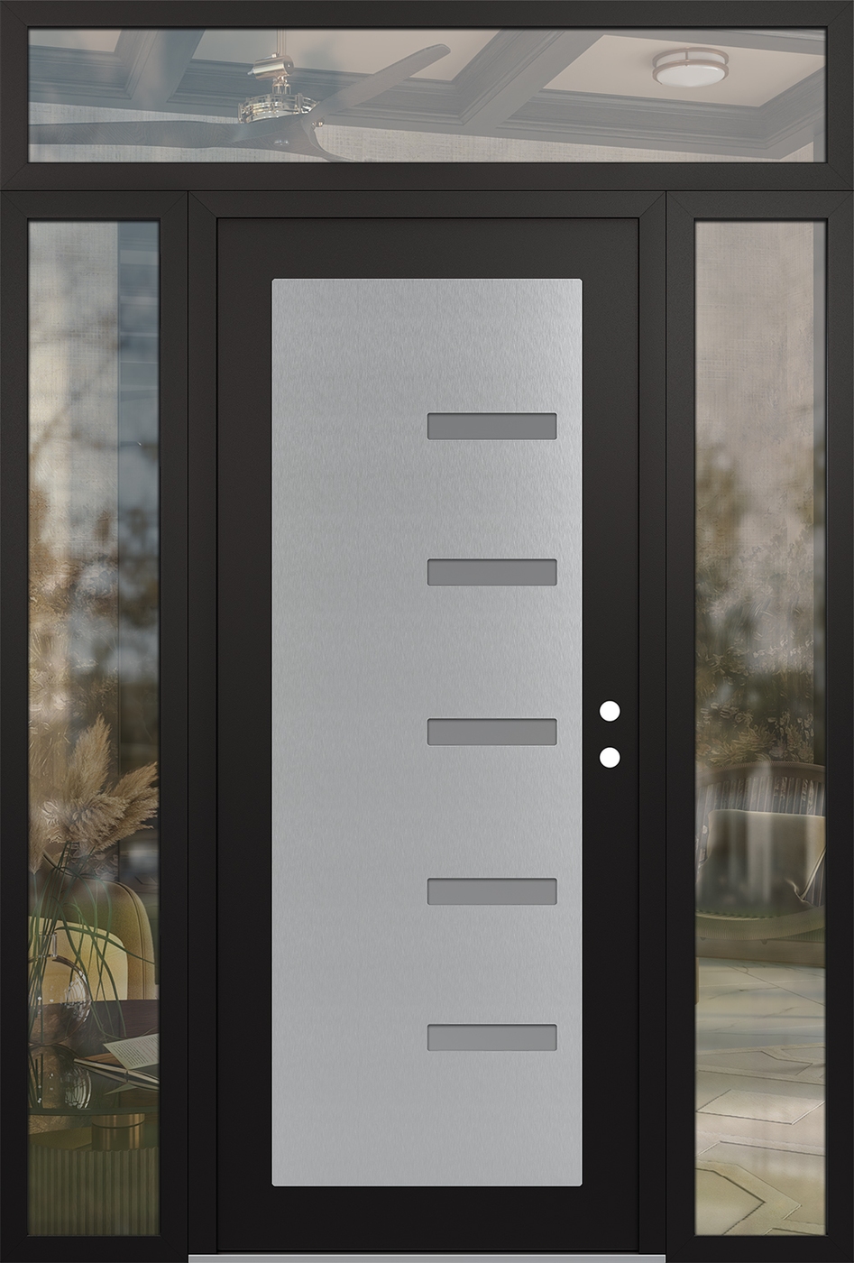 Modern Steel Front Door Diamond C8 64" x 96" black/white frosted Glass Panel stainless steel LHI with 2 Sidelites and Transom clear Glass