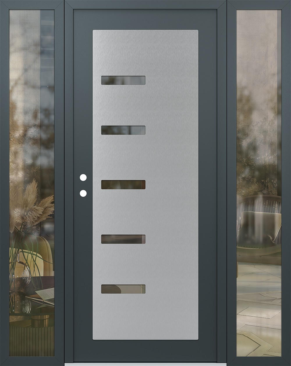 Modern Steel Front Door Diamond C8 68" x 80" anthracite/anthracite clear Glass Panel stainless steel RHI with 2 Sidelites clear Glass