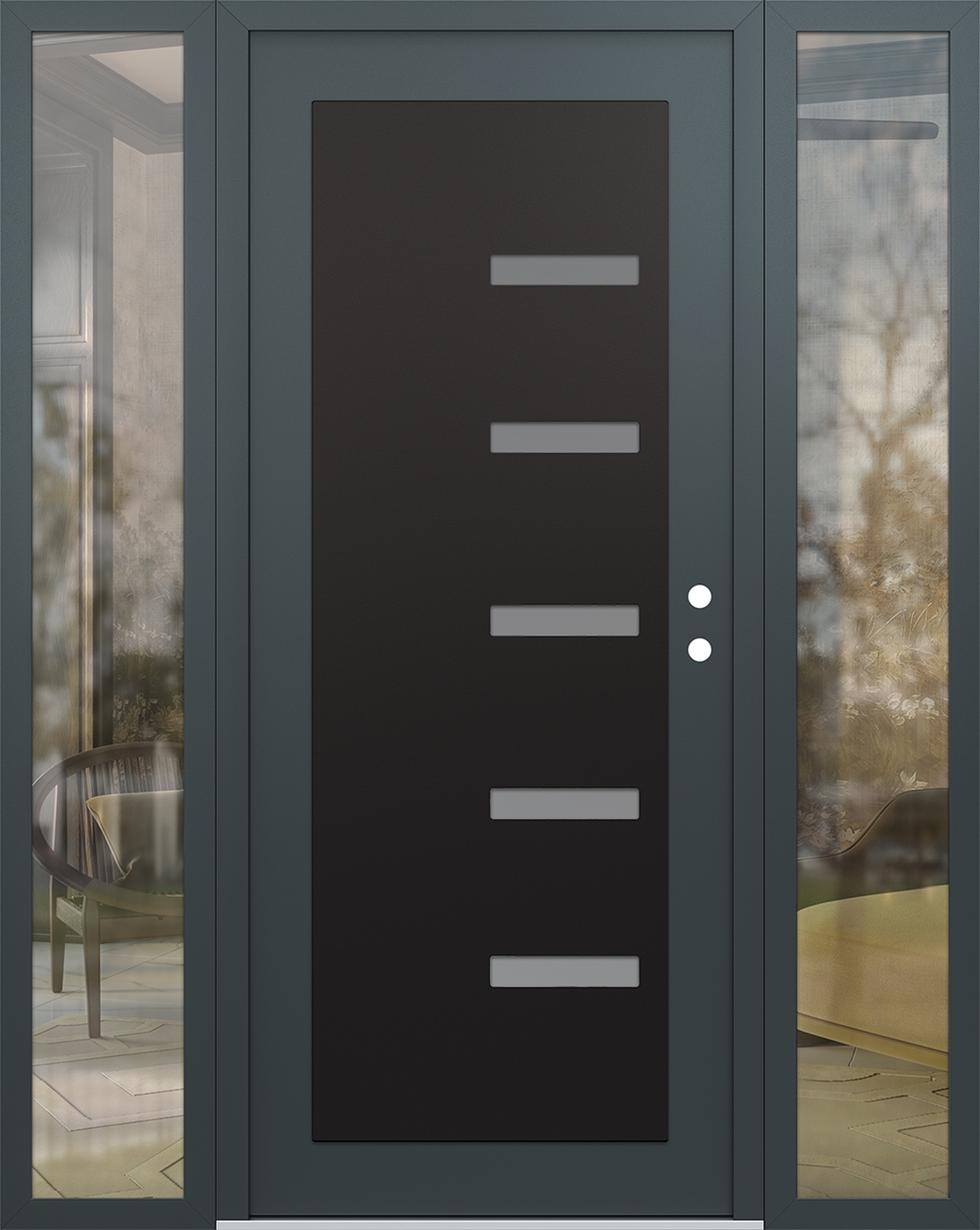 Modern Steel Front Door Diamond C8 68" x 80" anthracite/anthracite frosted Glass Panel black LHI with 2 Sidelites clear Glass
