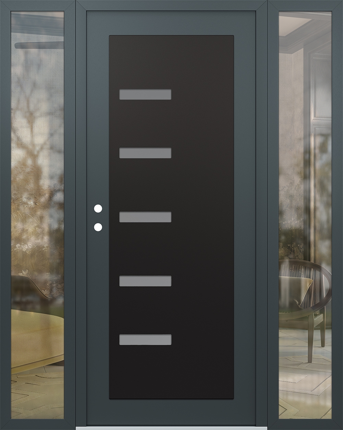 Modern Steel Front Door Diamond C8 68" x 80" anthracite/anthracite frosted Glass Panel black RHI with 2 Sidelites clear Glass