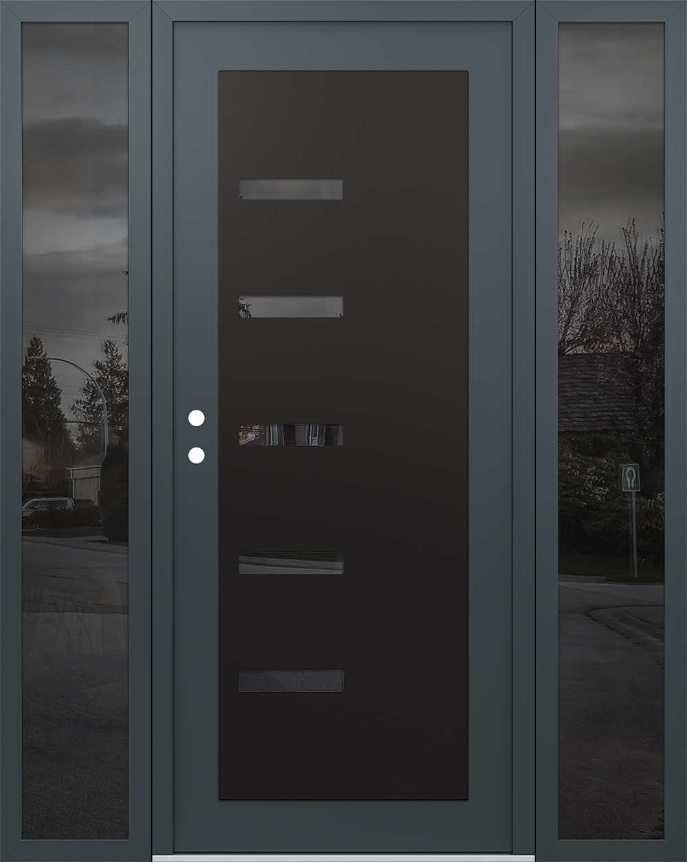 Modern Steel Front Door Diamond C8 68" x 80" anthracite/anthracite mirrored Glass Panel black RHI with 2 Sidelites mirrored Glass
