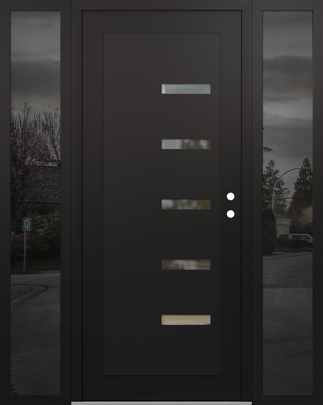 Modern Steel Front Door Diamond C8 68" x 80" black/black clear Glass Panel black LHI with 2 Sidelites mirrored Glass