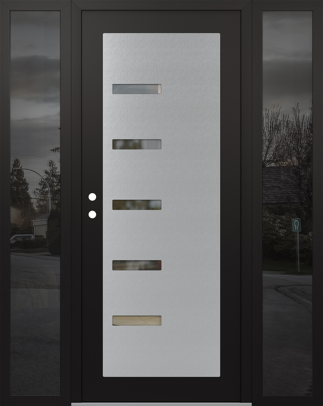 Modern Steel Front Door Diamond C8 68" x 80" black/black clear Glass Panel stainless steel RHI with 2 Sidelites mirrored Glass