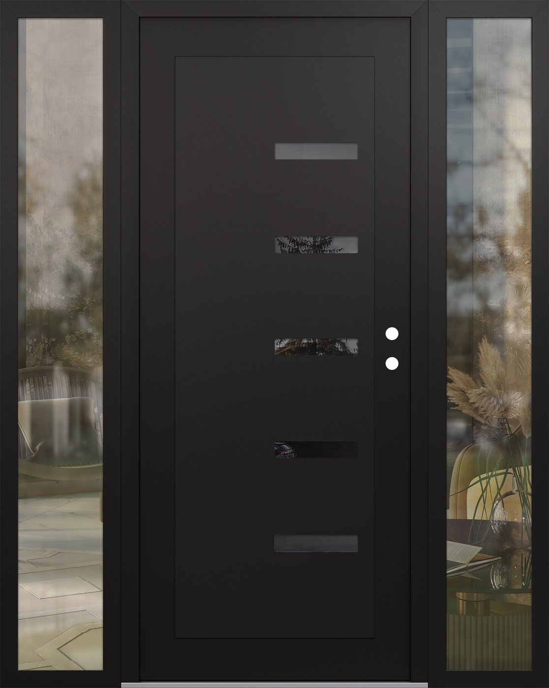 Modern Steel Front Door Diamond C8 68" x 80" black/black mirrored Glass Panel black LHI with 2 Sidelites clear Glass