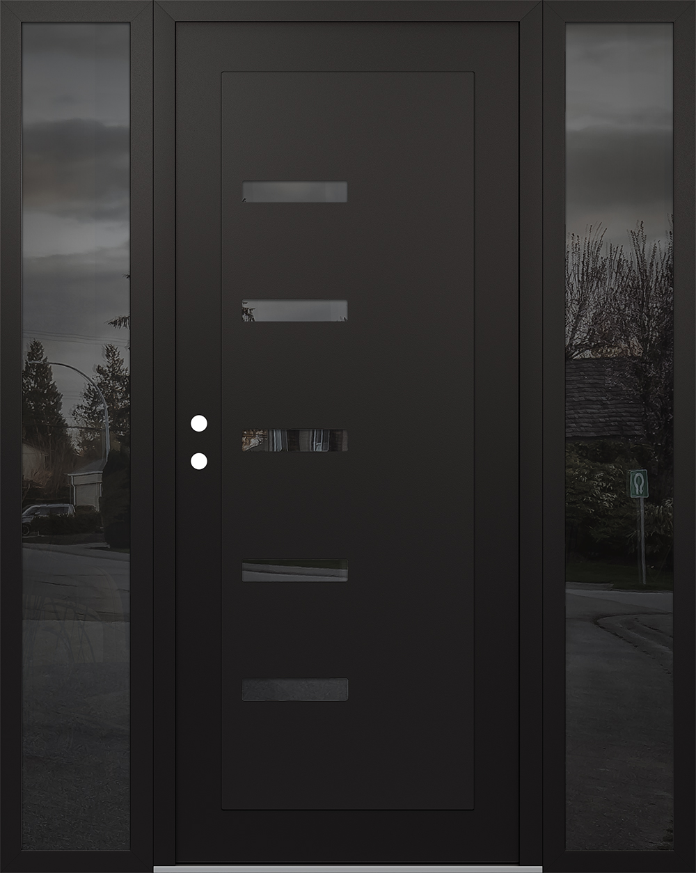 Modern Steel Front Door Diamond C8 68" x 80" black/black mirrored Glass Panel black RHI with 2 Sidelites mirrored Glass