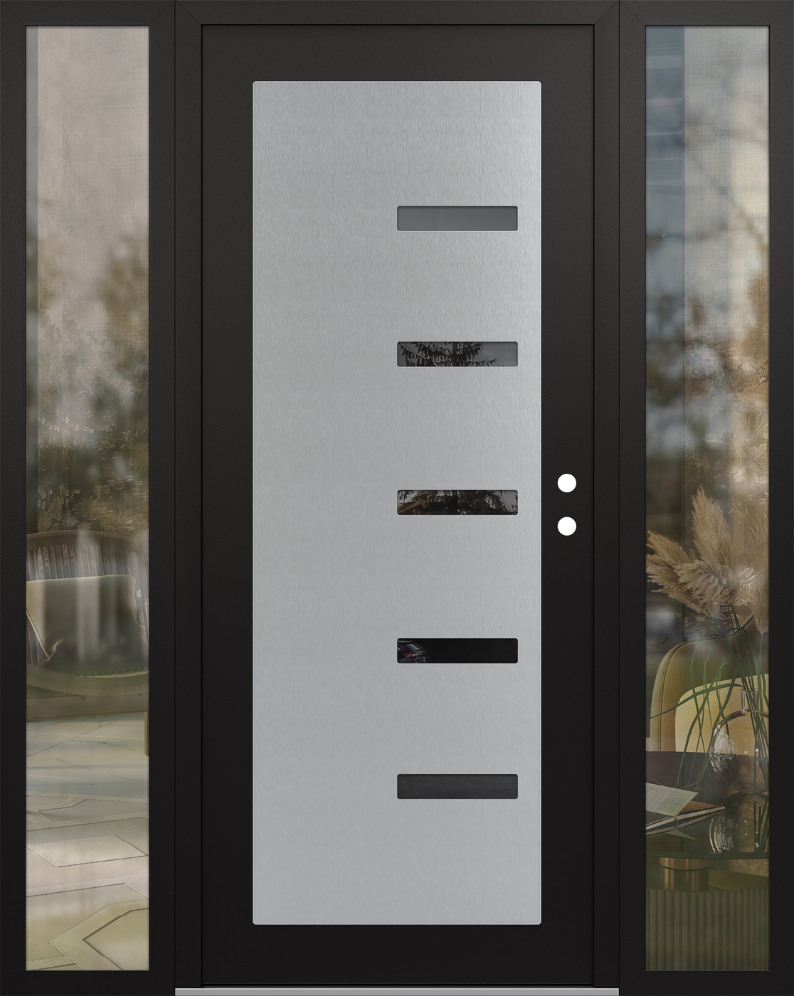 Modern Steel Front Door Diamond C8 68" x 80" black/black mirrored Glass Panel stainless steel LHI with 2 Sidelites clear Glass