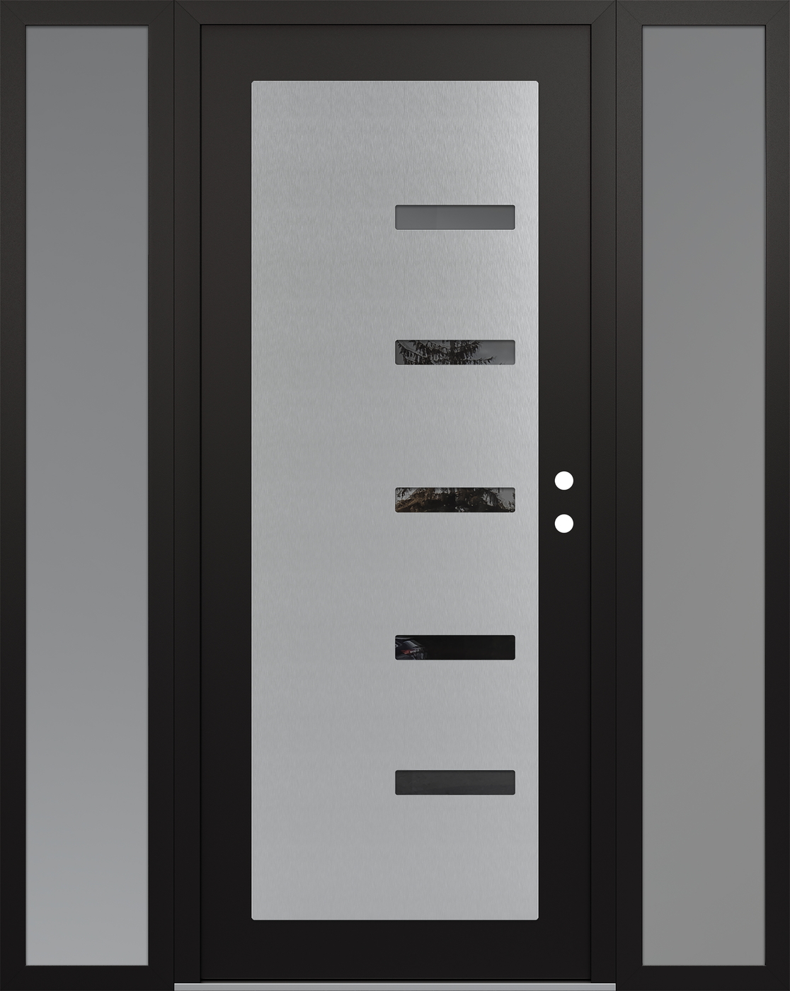 Modern Steel Front Door Diamond C8 68" x 80" black/black mirrored Glass Panel stainless steel LHI with 2 Sidelites frosted Glass