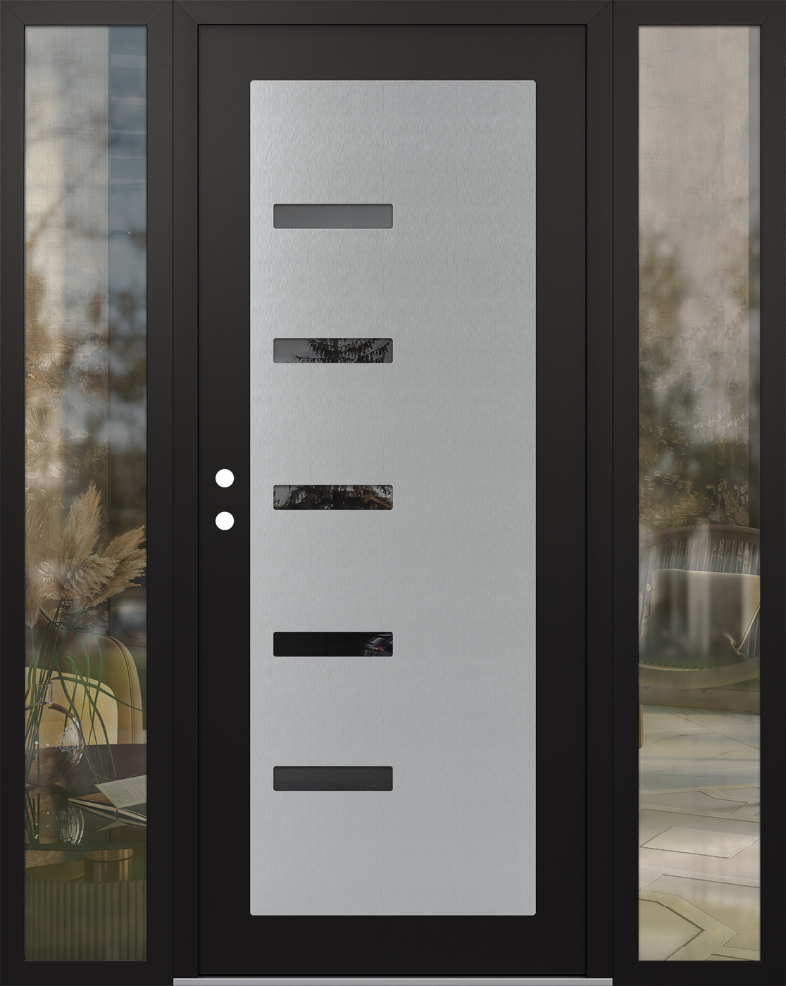 Modern Steel Front Door Diamond C8 68" x 80" black/black mirrored Glass Panel stainless steel RHI with 2 Sidelites clear Glass
