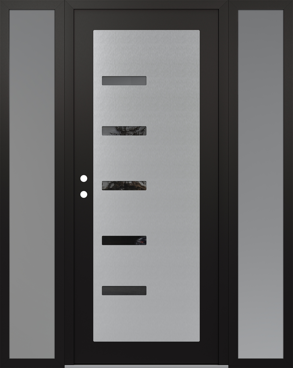 Modern Steel Front Door Diamond C8 68" x 80" black/black mirrored Glass Panel stainless steel RHI with 2 Sidelites frosted Glass