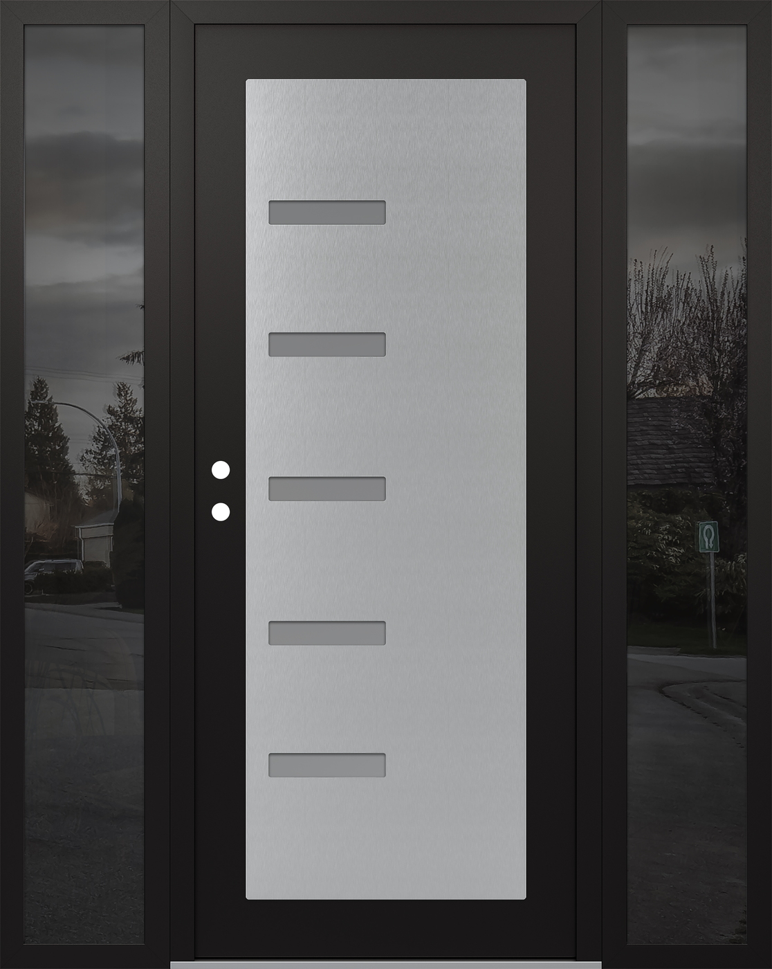 Modern Steel Front Door Diamond C8 68" x 80" black/white frosted Glass Panel stainless steel RHI with 2 Sidelites mirrored Glass
