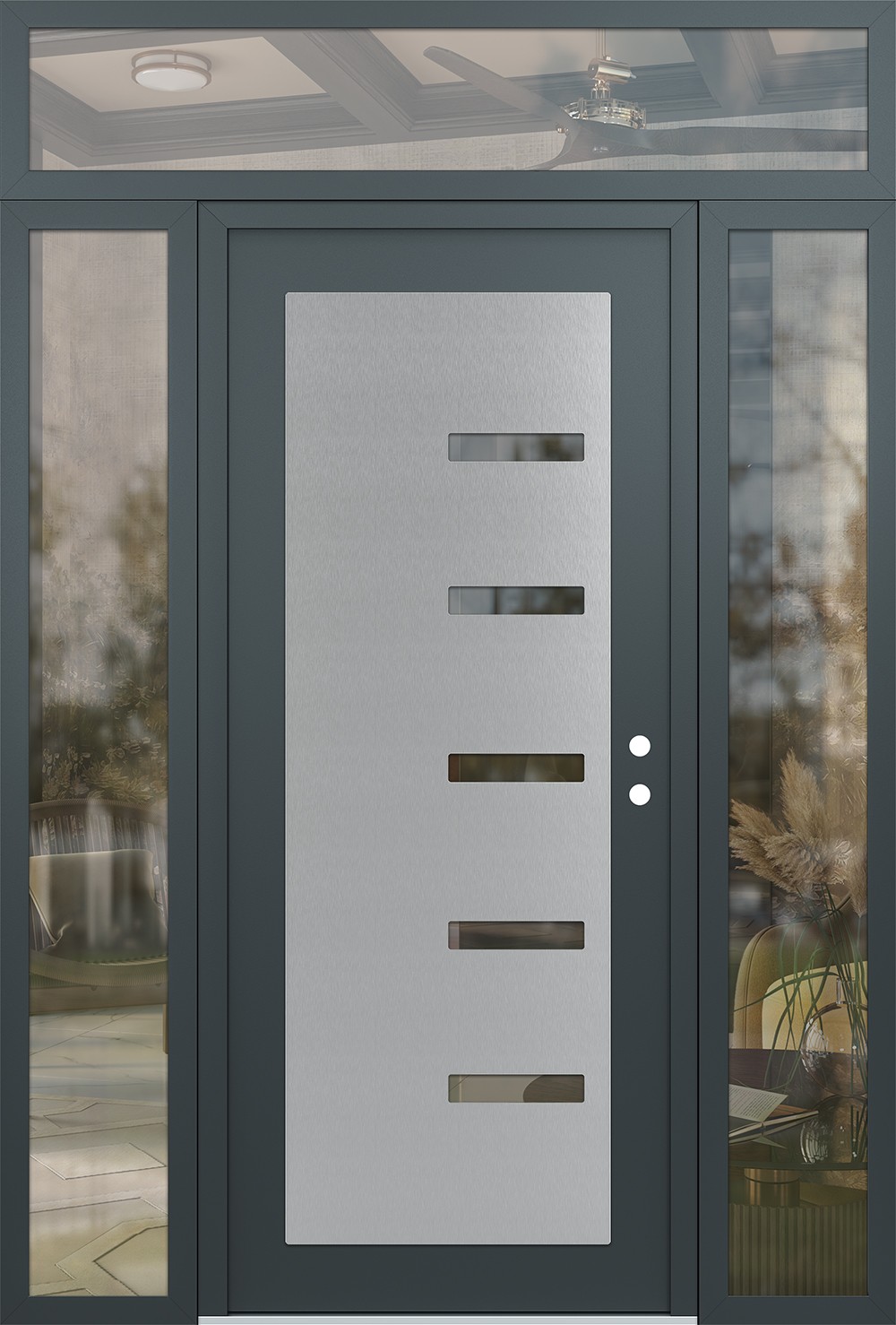 Modern Steel Front Door Diamond C8 68" x 96" anthracite/anthracite clear Glass Panel stainless steel LHI with 2 Sidelites and Transom clear Glass