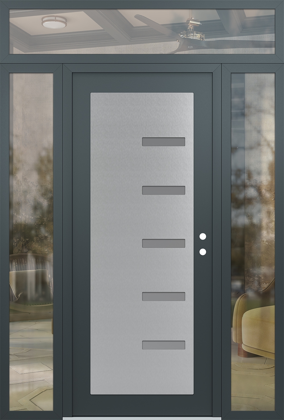 Modern Steel Front Door Diamond C8 68" x 96" anthracite/anthracite frosted Glass Panel stainless steel LHI with 2 Sidelites and Transom clear Glass
