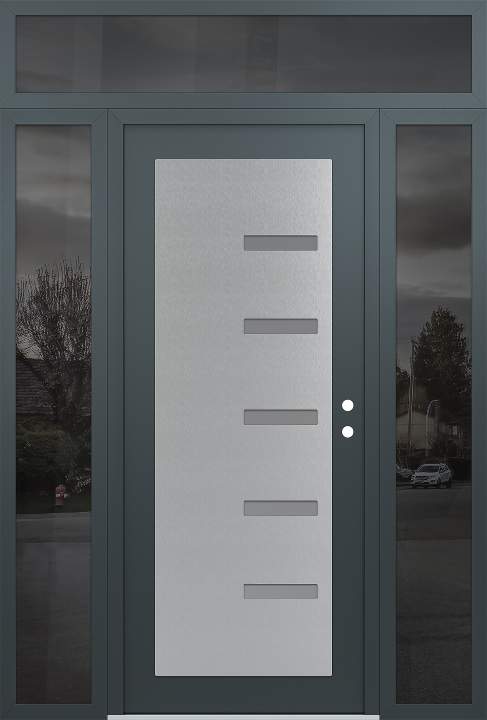 Modern Steel Front Door Diamond C8 68" x 96" anthracite/anthracite frosted Glass Panel stainless steel LHI with 2 Sidelites and Transom mirrored Glass