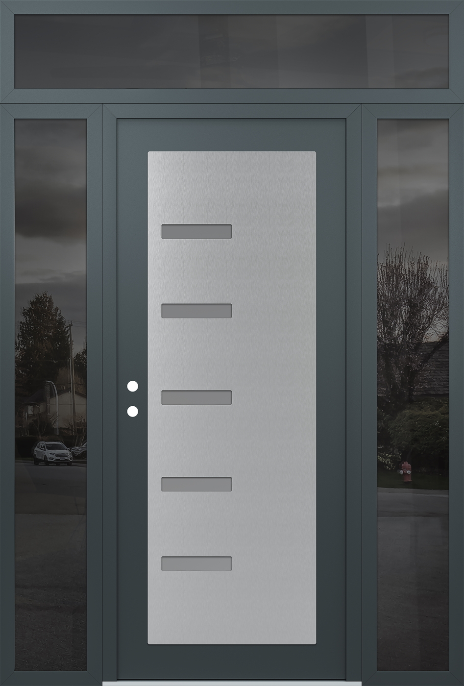 Modern Steel Front Door Diamond C8 68" x 96" anthracite/anthracite frosted Glass Panel stainless steel RHI with 2 Sidelites and Transom mirrored Glass