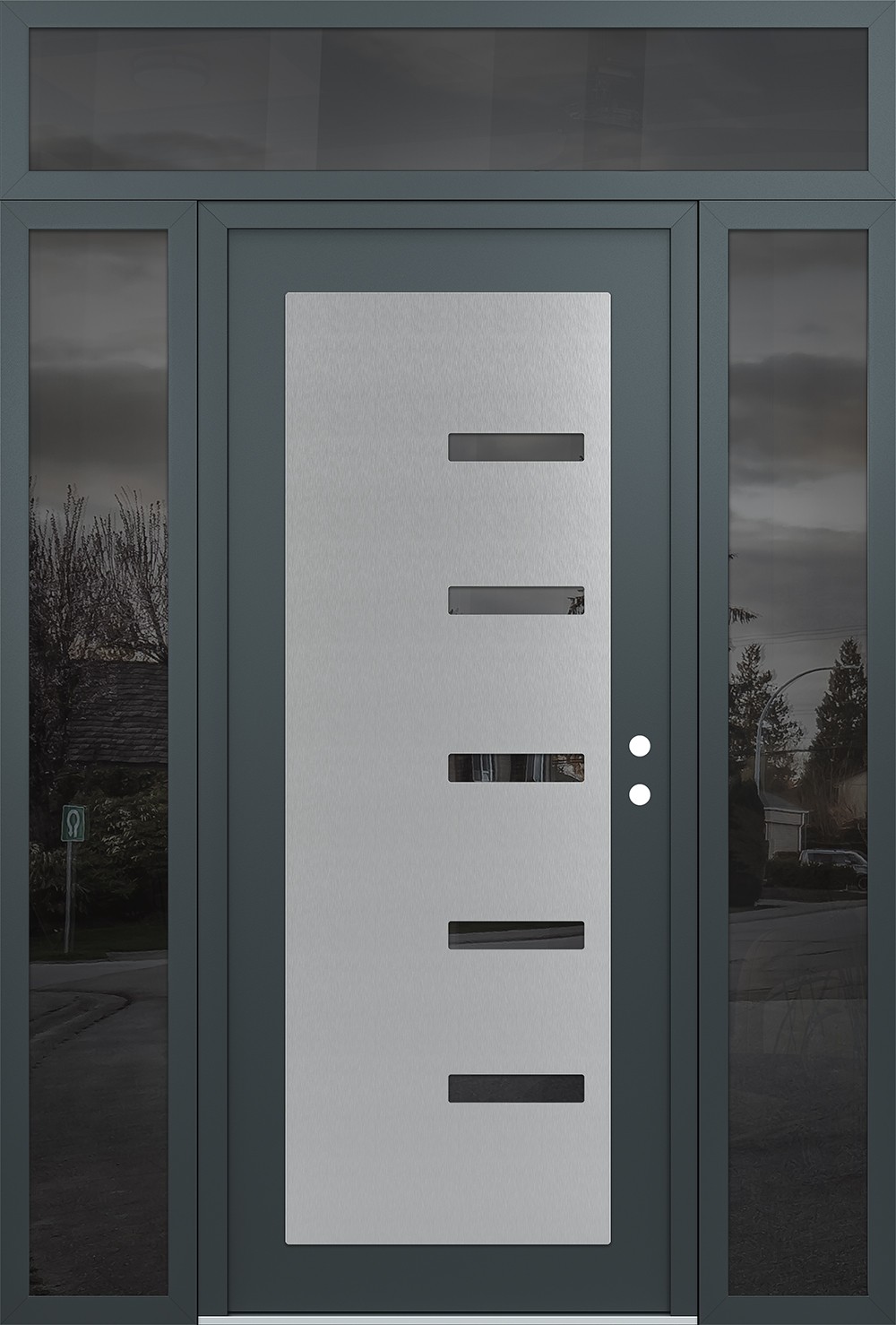 Modern Steel Front Door Diamond C8 68" x 96" anthracite/anthracite mirrored Glass Panel stainless steel LHI with 2 Sidelites and Transom mirrored Glass