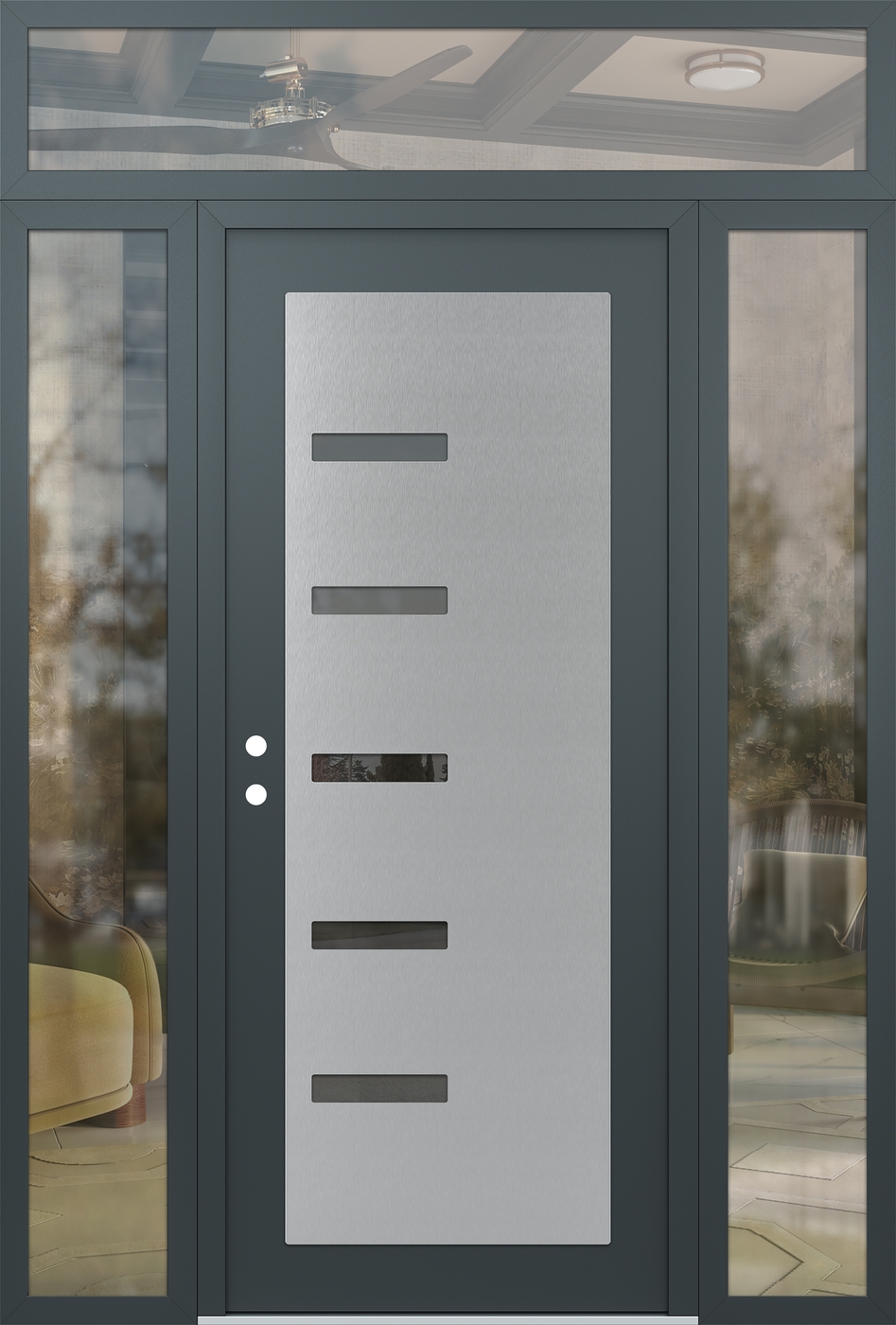 Modern Steel Front Door Diamond C8 68" x 96" anthracite/anthracite mirrored Glass Panel stainless steel RHI with 2 Sidelites and Transom clear Glass
