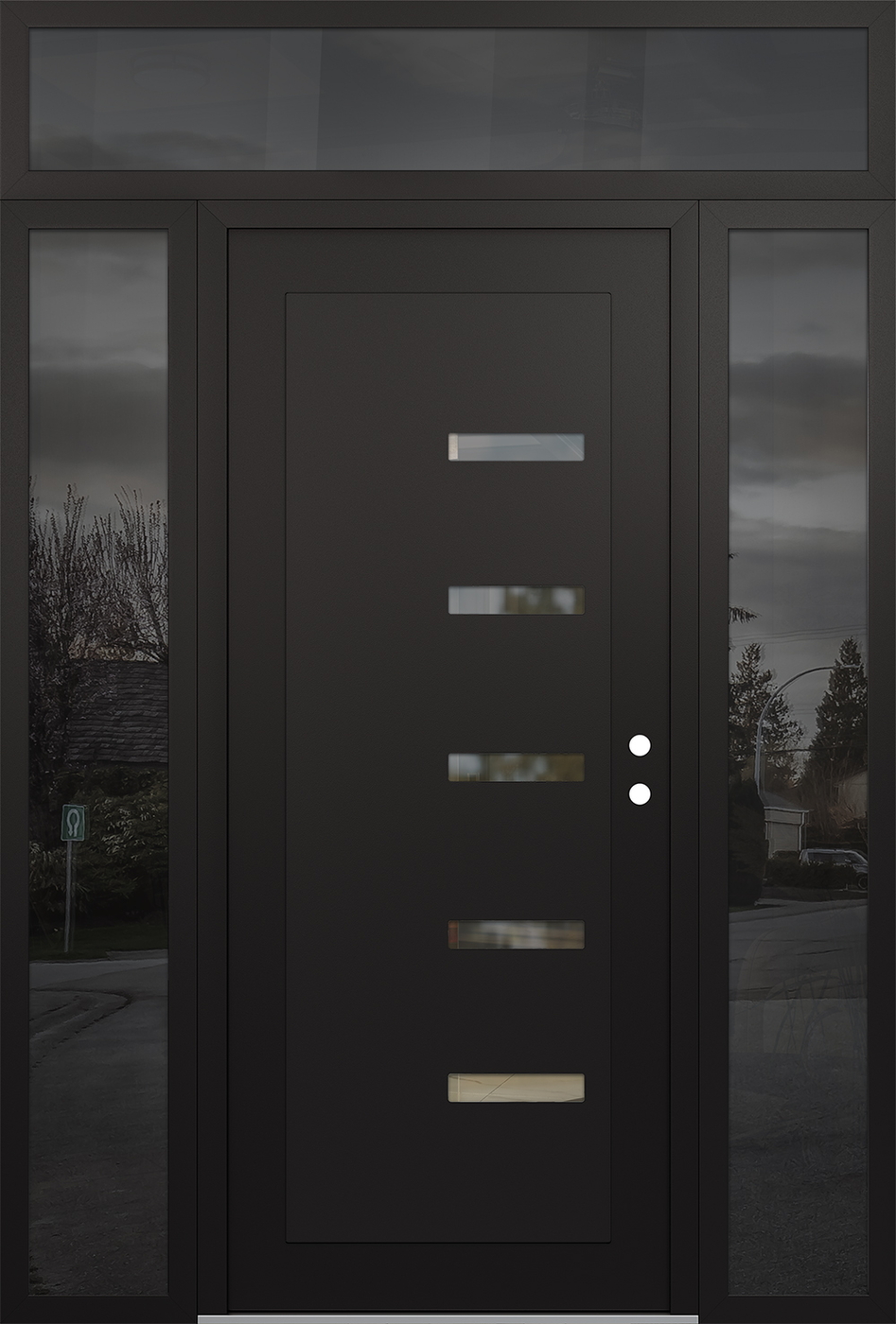 Modern Steel Front Door Diamond C8 68" x 96" black/black clear Glass Panel black LHI with 2 Sidelites and Transom mirrored Glass
