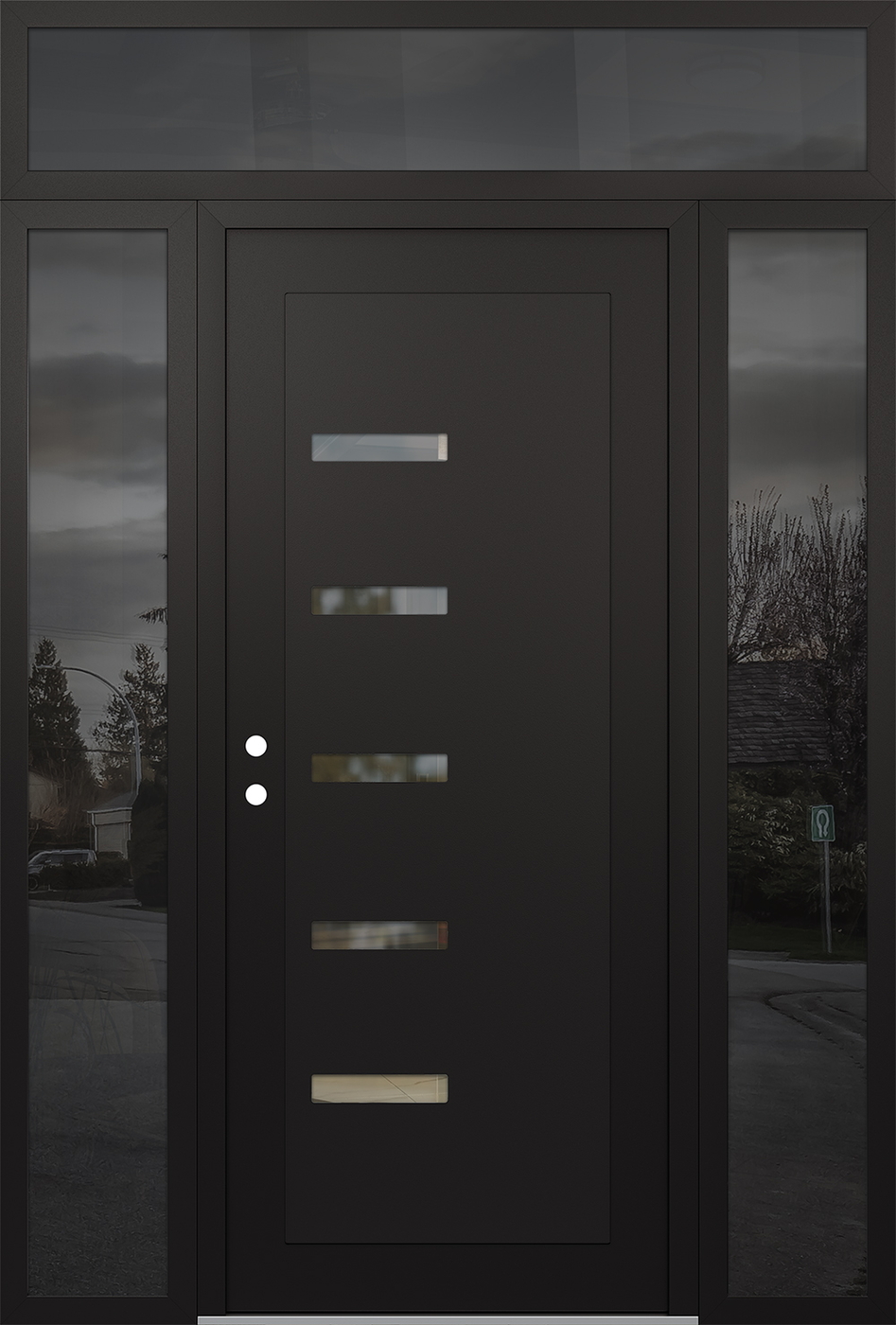 Modern Steel Front Door Diamond C8 68" x 96" black/black clear Glass Panel black RHI with 2 Sidelites and Transom mirrored Glass