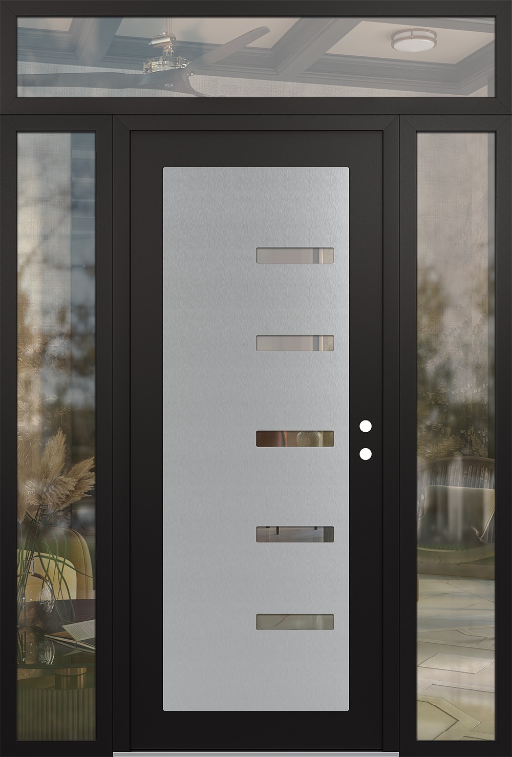 Modern Steel Front Door Diamond C8 68" x 96" black/black clear Glass Panel stainless steel LHI with 2 Sidelites and Transom clear Glass
