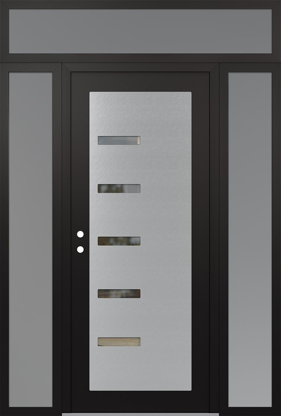 Modern Steel Front Door Diamond C8 68" x 96" black/black clear Glass Panel stainless steel RHI with 2 Sidelites and Transom frosted Glass