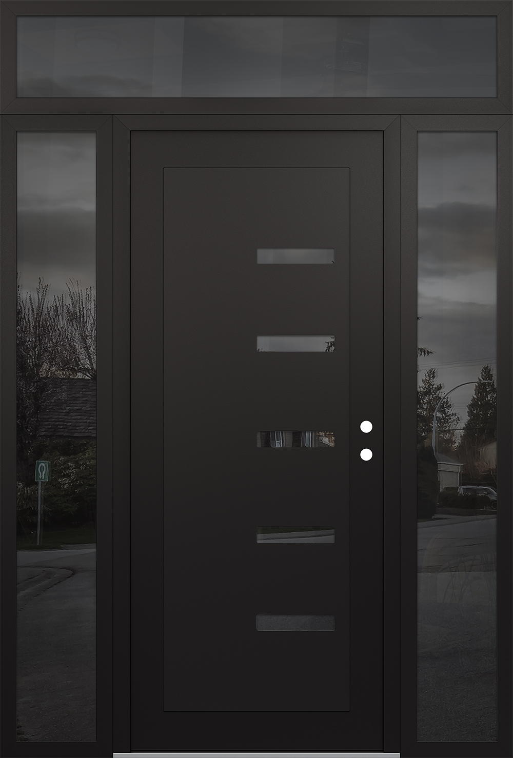 Modern Steel Front Door Diamond C8 68" x 96" black/black mirrored Glass Panel black LHI with 2 Sidelites and Transom mirrored Glass