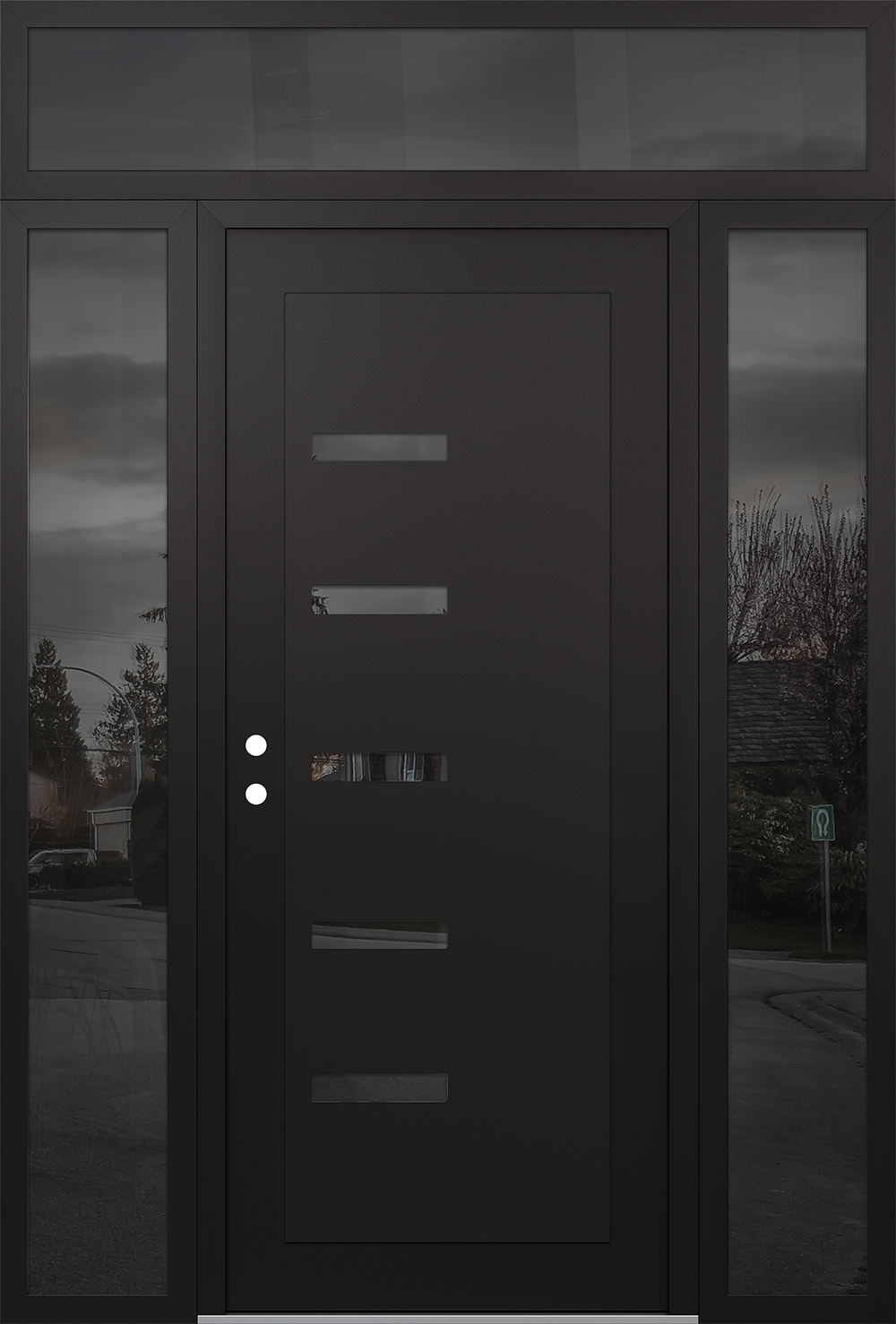 Modern Steel Front Door Diamond C8 68" x 96" black/black mirrored Glass Panel black RHI with 2 Sidelites and Transom mirrored Glass