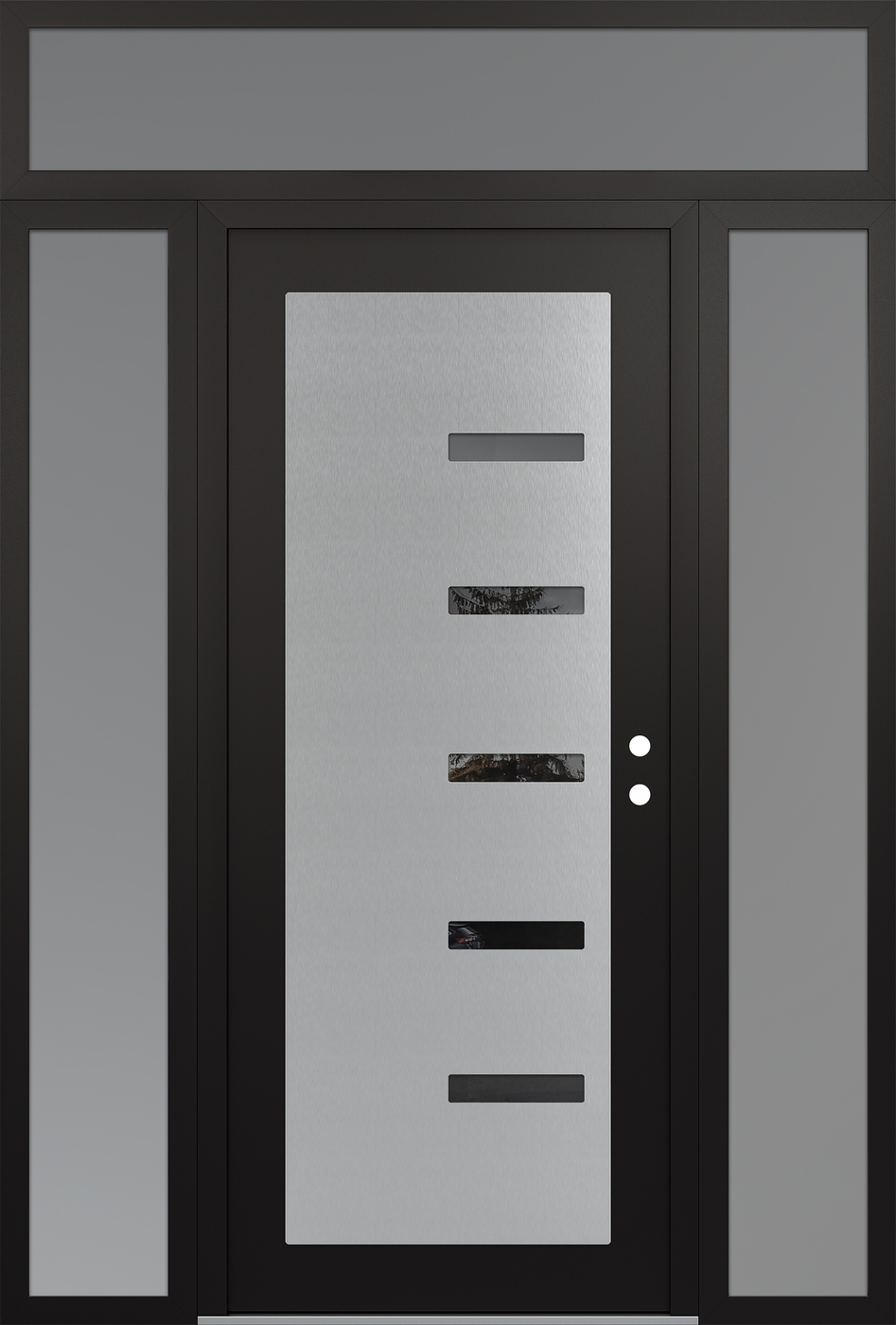 Modern Steel Front Door Diamond C8 68" x 96" black/black mirrored Glass Panel stainless steel LHI with 2 Sidelites and Transom frosted Glass