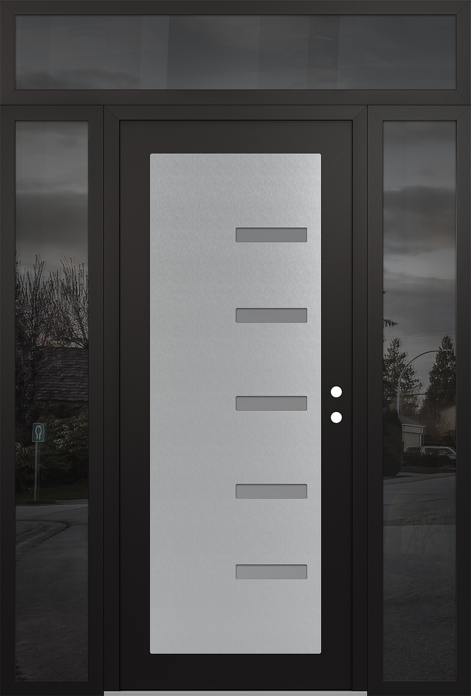 Modern Steel Front Door Diamond C8 68" x 96" black/white frosted Glass Panel stainless steel LHI with 2 Sidelites and Transom mirrored Glass