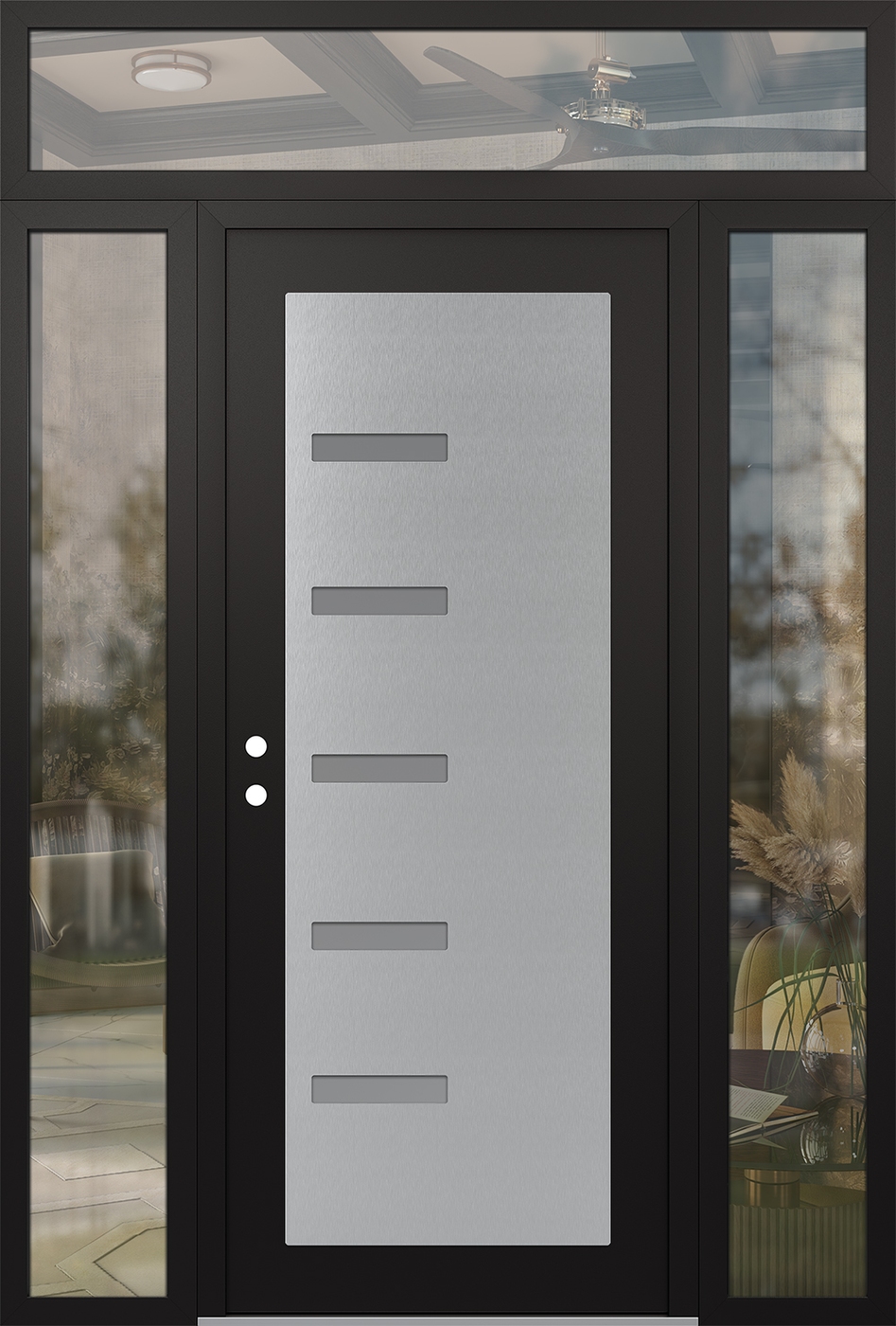 Modern Steel Front Door Diamond C8 68" x 96" black/white frosted Glass Panel stainless steel RHI with 2 Sidelites and Transom clear Glass