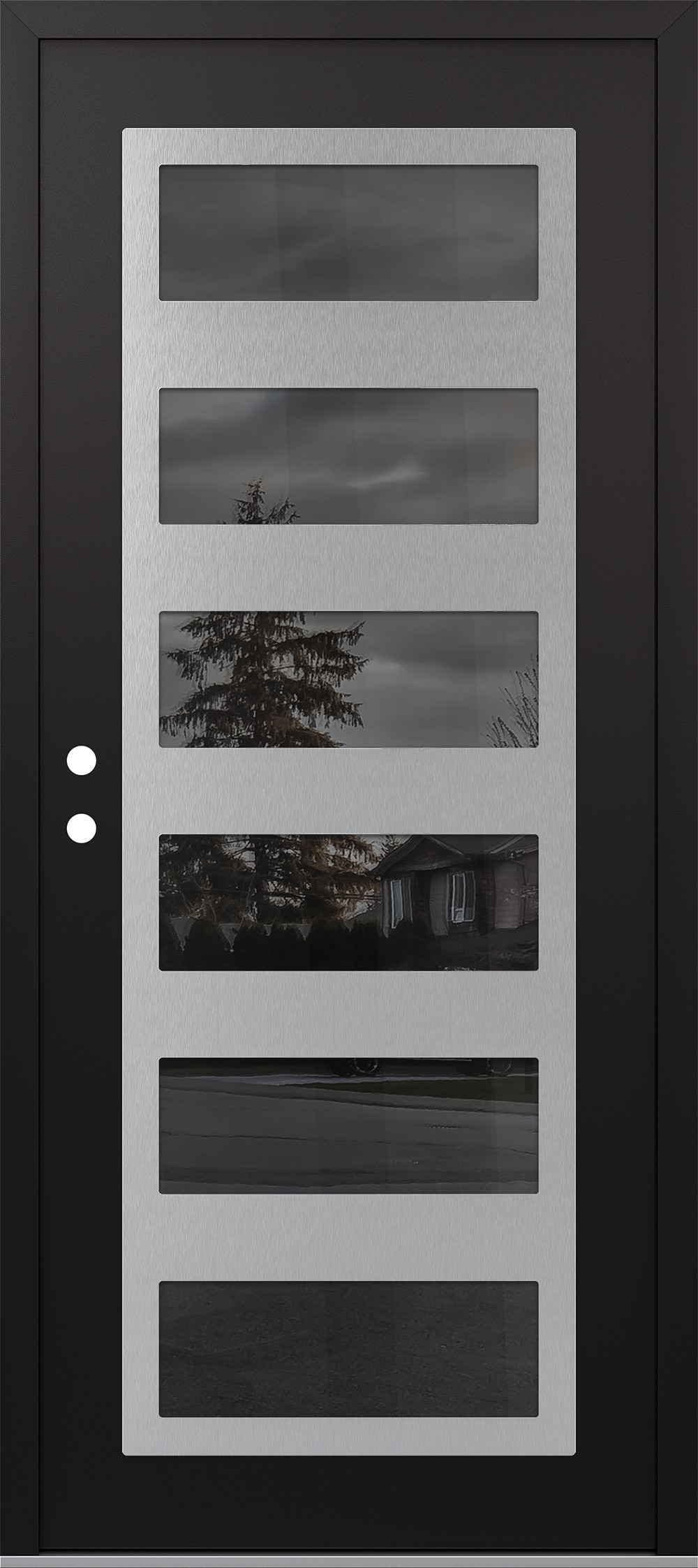 Modern Steel Front Door Diamond C9 36" x 80" black/black mirrored Glass Panel stainless steel RHI