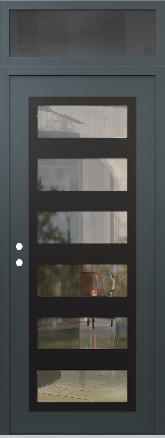 Modern Steel Front Door DIAMOND C9 36" X 96" ANTHRACITE/ANTHRACITE CLEAR GLASS PANEL BLACK RHI WITH TRANSOM MIRRORED GLASS