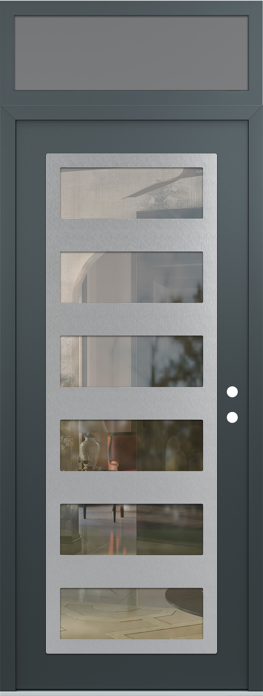 Modern Steel Front Door DIAMOND C9 36" X 96" ANTHRACITE/ANTHRACITE CLEAR GLASS PANEL STAINLESS STEEL LHI WITH TRANSOM FROSTED GLASS