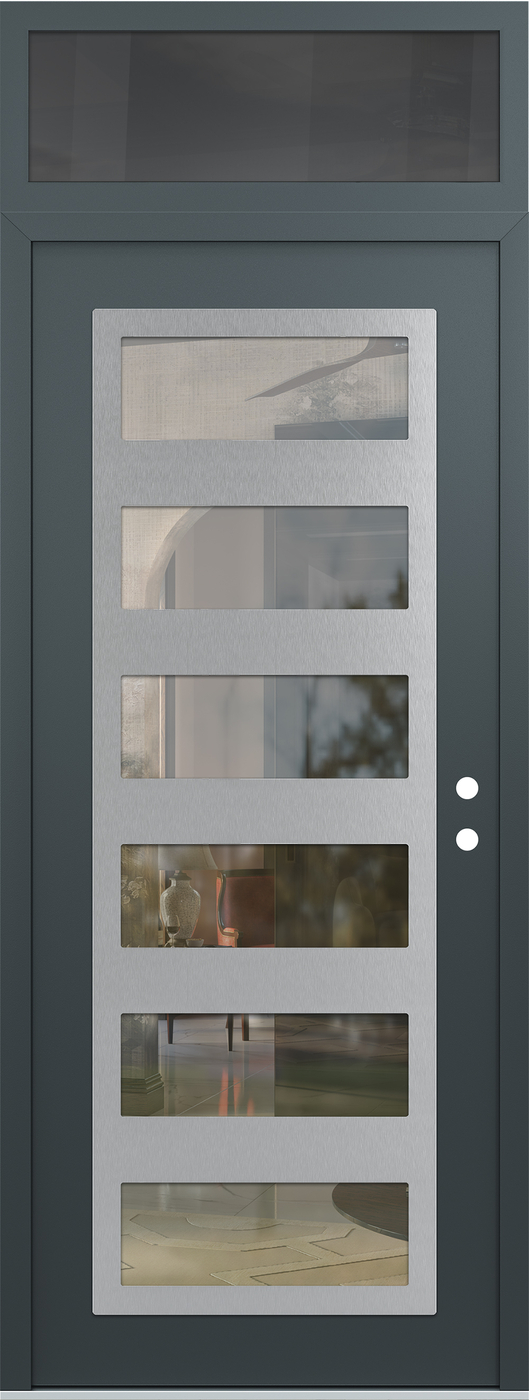 Modern Steel Front Door DIAMOND C9 36" X 96" ANTHRACITE/ANTHRACITE CLEAR GLASS PANEL STAINLESS STEEL LHI WITH TRANSOM MIRRORED GLASS
