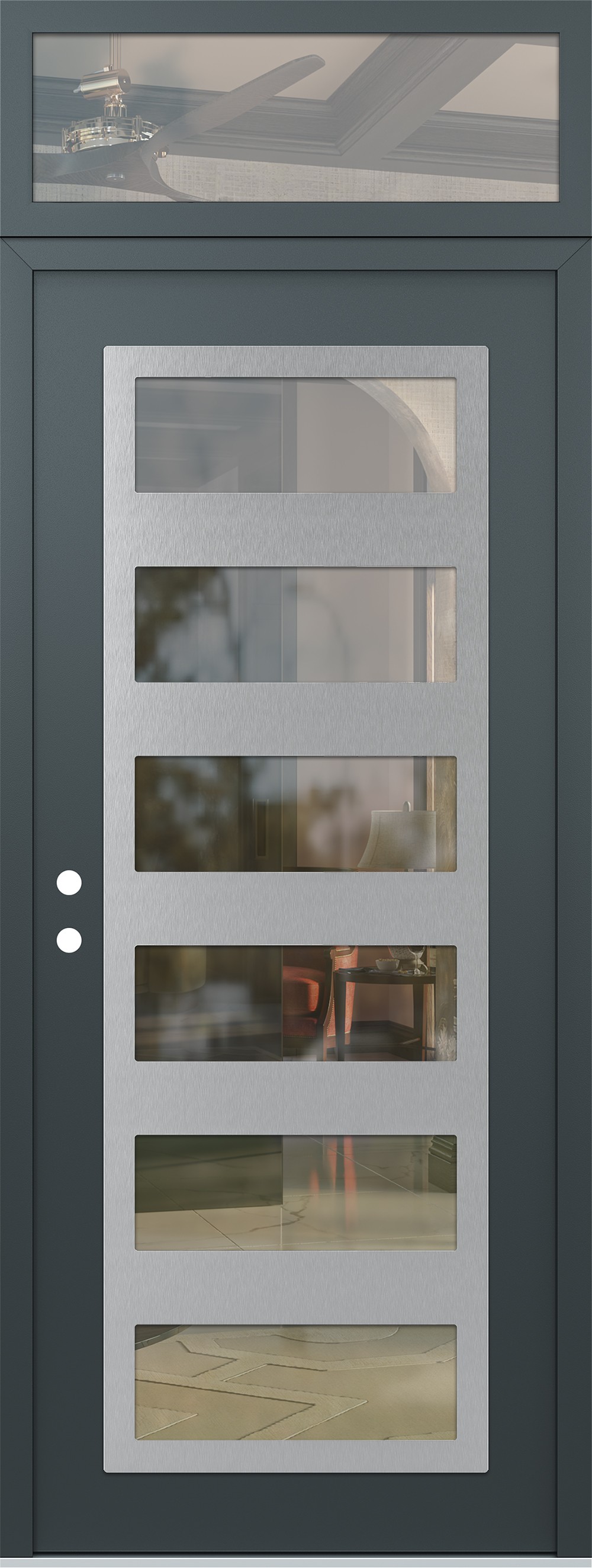 Modern Steel Front Door DIAMOND C9 36" X 96" ANTHRACITE/ANTHRACITE CLEAR GLASS PANEL STAINLESS STEEL RHI WITH TRANSOM CLEAR GLASS