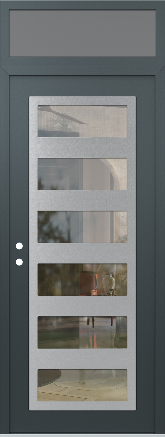 Modern Steel Front Door DIAMOND C9 36" X 96" ANTHRACITE/ANTHRACITE CLEAR GLASS PANEL STAINLESS STEEL RHI WITH TRANSOM FROSTED GLASS