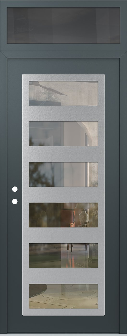 Modern Steel Front Door DIAMOND C9 36" X 96" ANTHRACITE/ANTHRACITE CLEAR GLASS PANEL STAINLESS STEEL RHI WITH TRANSOM MIRRORED GLASS