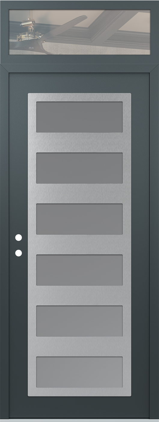 Modern Steel Front Door DIAMOND C9 36" X 96" ANTHRACITE/ANTHRACITE FROSTED GLASS PANEL STAINLESS STEEL RHI WITH TRANSOM CLEAR GLASS