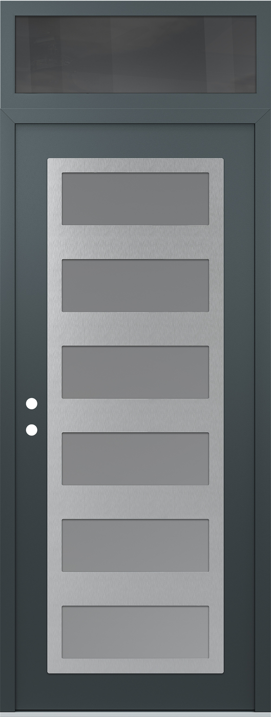 Modern Steel Front Door DIAMOND C9 36" X 96" ANTHRACITE/ANTHRACITE FROSTED GLASS PANEL STAINLESS STEEL RHI WITH TRANSOM MIRRORED GLASS