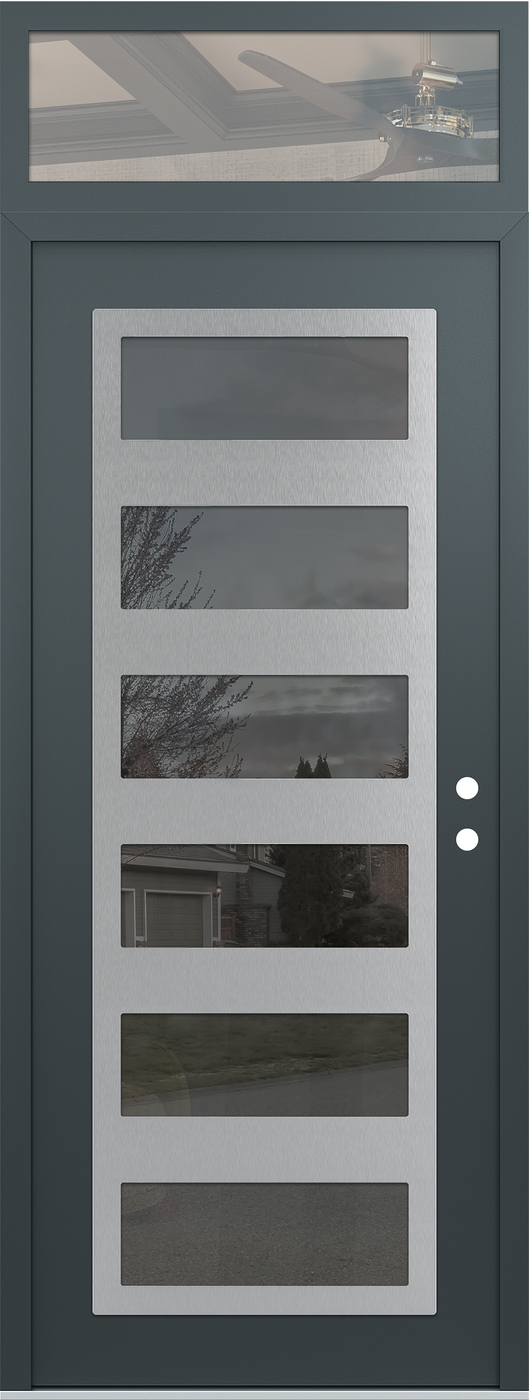 Modern Steel Front Door DIAMOND C9 36" X 96" ANTHRACITE/ANTHRACITE MIRRORED GLASS PANEL STAINLESS STEEL LHI WITH TRANSOM CLEAR GLASS