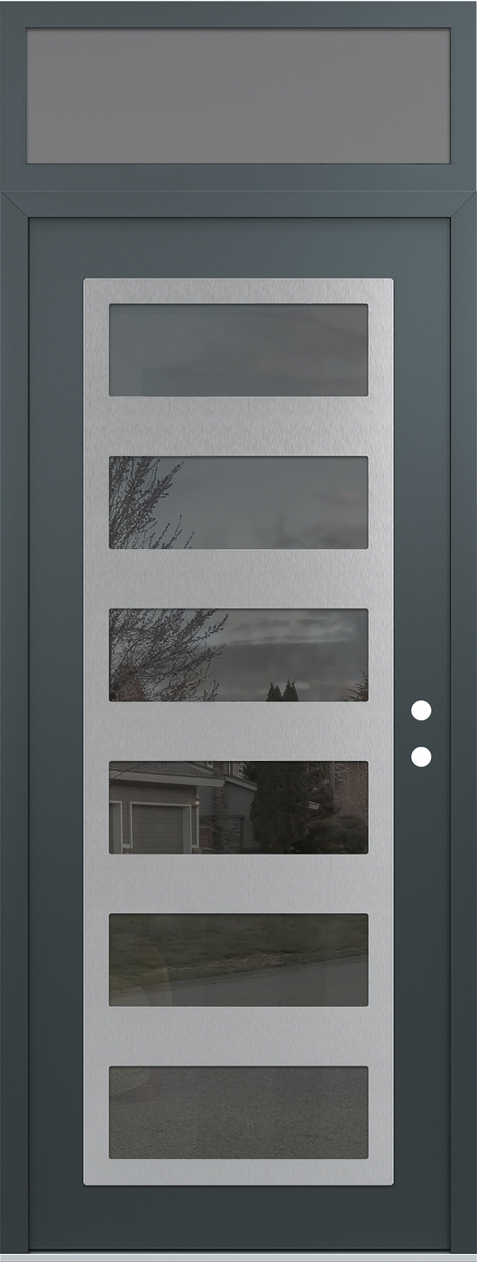 Modern Steel Front Door DIAMOND C9 36" X 96" ANTHRACITE/ANTHRACITE MIRRORED GLASS PANEL STAINLESS STEEL LHI WITH TRANSOM FROSTED GLASS