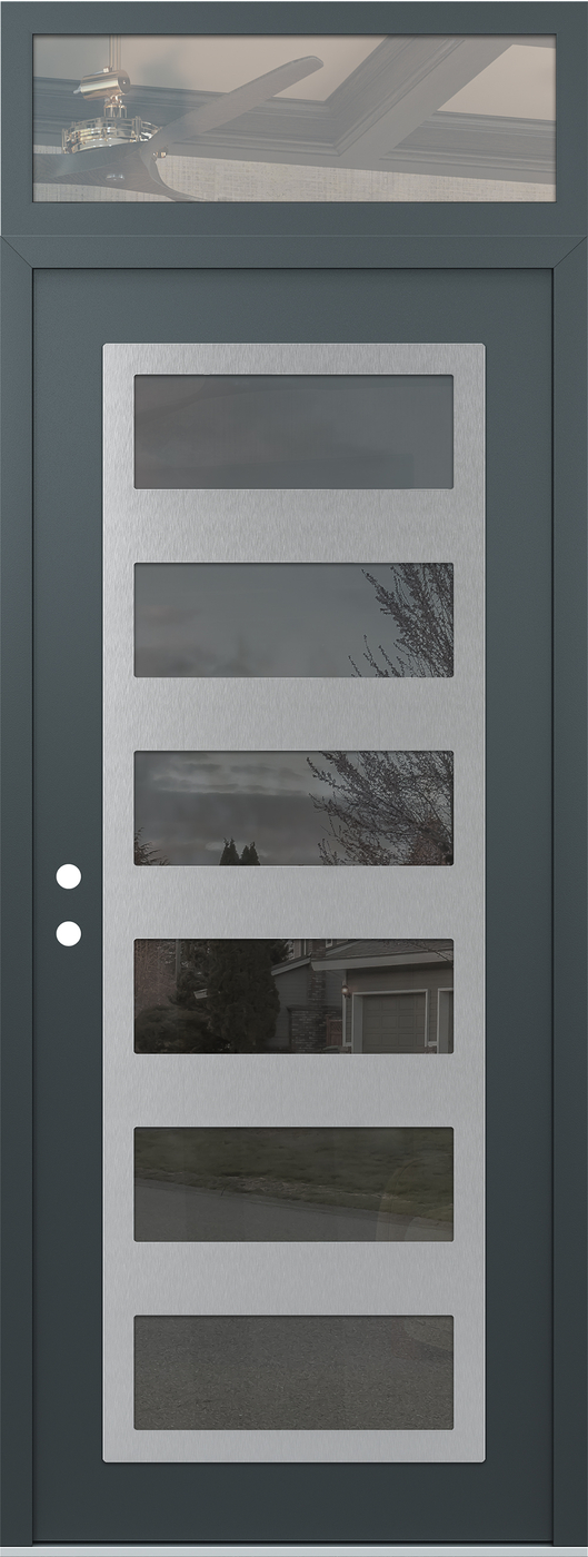 Modern Steel Front Door DIAMOND C9 36" X 96" ANTHRACITE/ANTHRACITE MIRRORED GLASS PANEL STAINLESS STEEL RHI WITH TRANSOM CLEAR GLASS