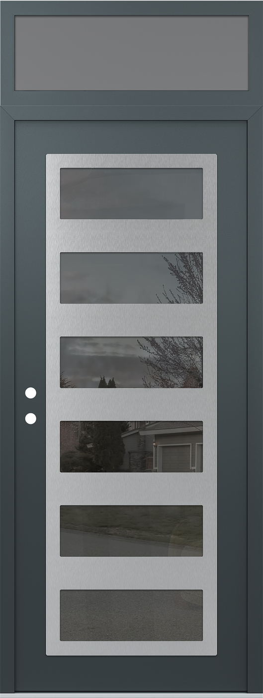 Modern Steel Front Door DIAMOND C9 36" X 96" ANTHRACITE/ANTHRACITE MIRRORED GLASS PANEL STAINLESS STEEL RHI WITH TRANSOM FROSTED GLASS