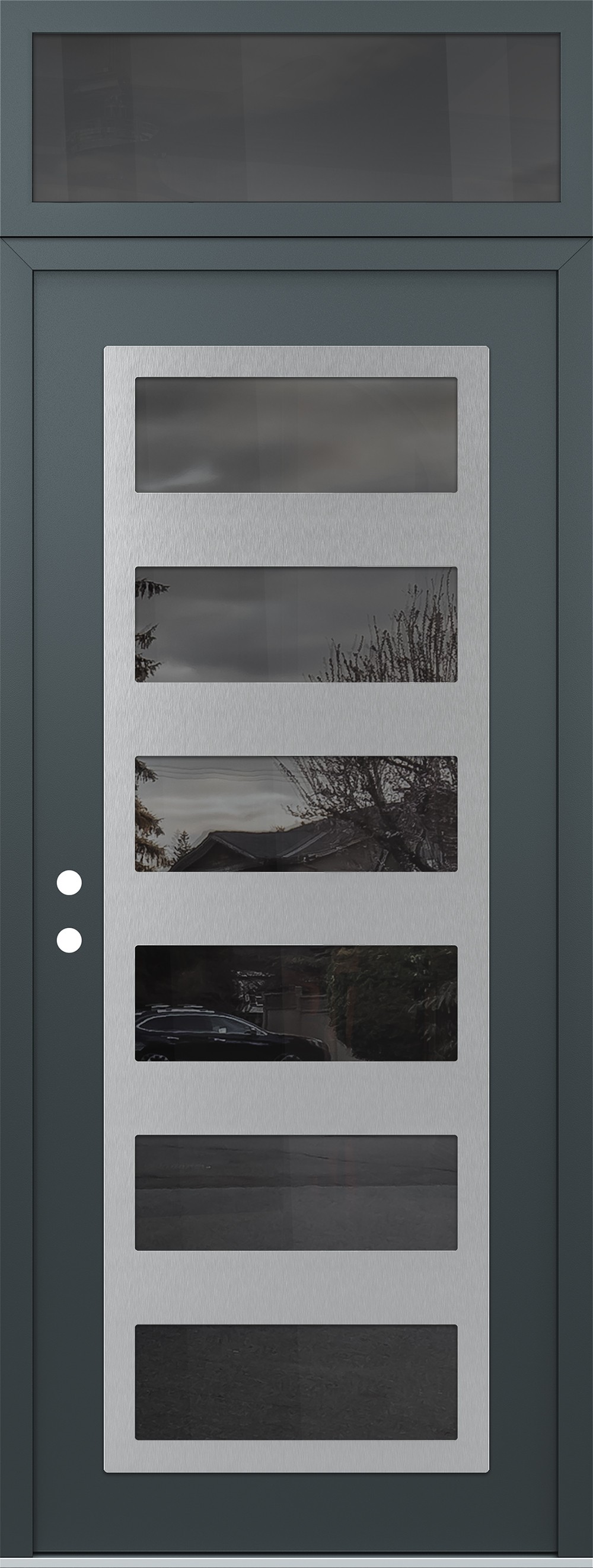 Modern Steel Front Door DIAMOND C9 36" X 96" ANTHRACITE/ANTHRACITE MIRRORED GLASS PANEL STAINLESS STEEL RHI WITH TRANSOM MIRRORED GLASS